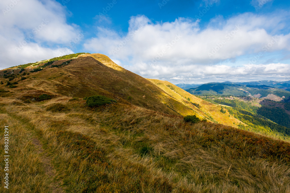 mountain landscape in autumn. dry colorful grass on the hills. ridge behind the distant valley. view from the top of a hill. clouds on the sky. synevir national park, ukraine