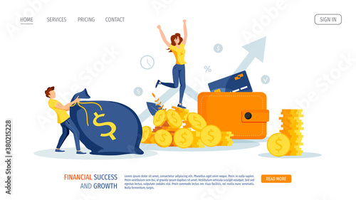 Wallet and pile of coins with rejoicing woman. Man carrying a bag of money. Profit, income, budget, prosperity, financial success, savings concept. Vector illustration for banner, poster, website.