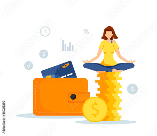 Wallet and woman meditating on the stack of coins. Profit, income, budget, prosperity, financial success, savings concept. Isolated vector illustration for banner, poster, advertising.