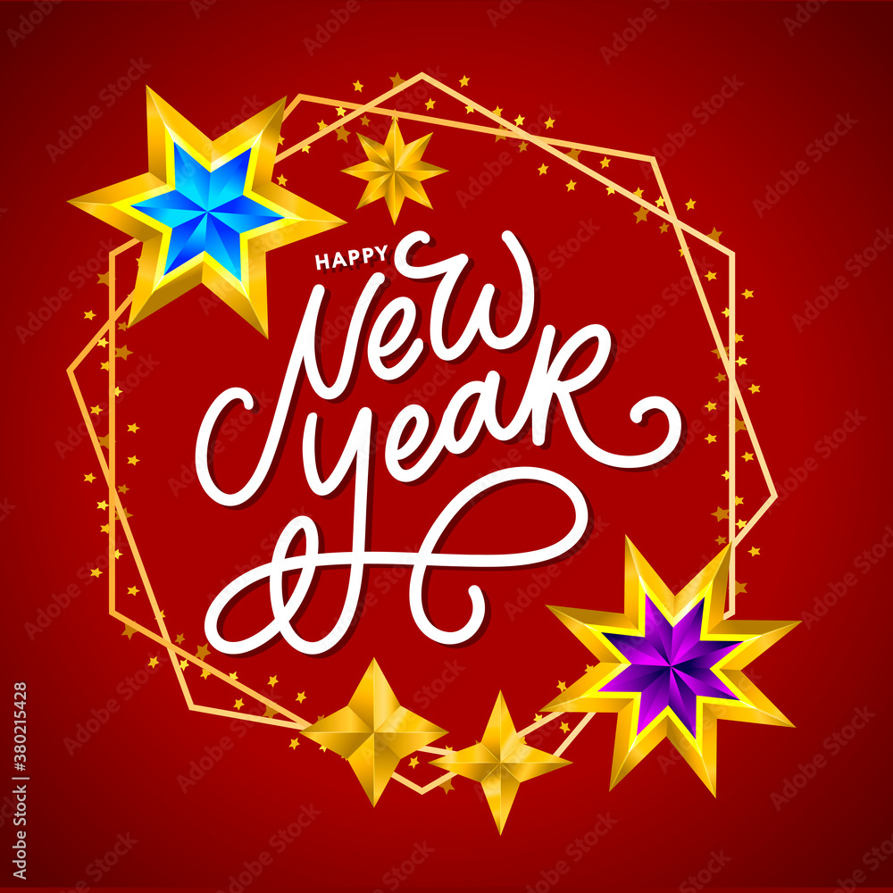 Happy New Year 2020. Lettering Composition With Stars And Sparkles. Holiday Vector Illustration frame Happy New Year 2020. Lettering Composition With Stars And Sparkles. Holiday Vector Illustration frame