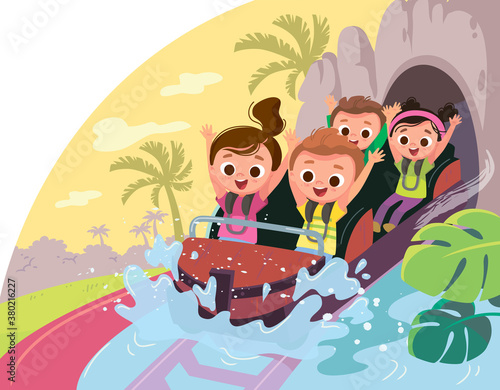 Roller-coaster. Children ride on roller-coaster with water splash in amusement park. Children have fun in amusement park. Exhilarating rides. Joyful kids.