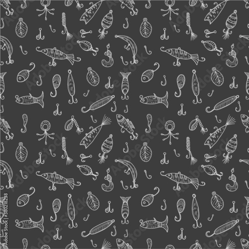Seamless pattern with cute hand drawn fishing icons. Vector catching fish equipment elements. Doodle illustration