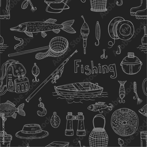 Seamless pattern with cute hand drawn fishing icons. Vector catching fish equipment elements. Doodle illustration