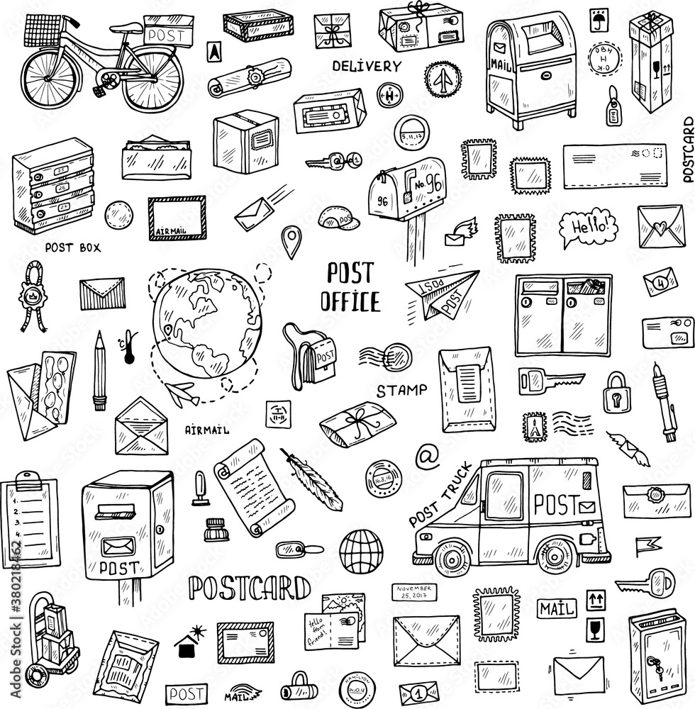 Big Post office doodle set. Hand drawn vector collection. Post and delivery icons. Big Post office doodle set. Hand drawn vector collection. Post and delivery icons.
