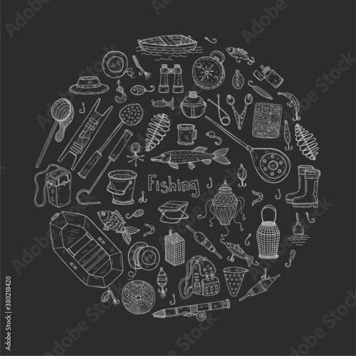 Big set with cute hand drawn fishing icons. Vector catching fish equipment elements. Doodle illustration