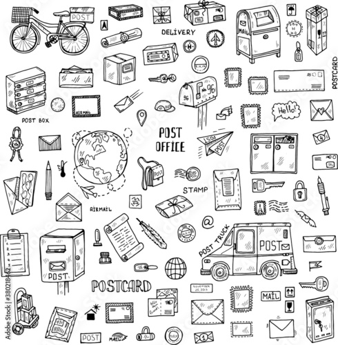 Big Post office doodle set. Hand drawn vector collection. Post and delivery icons.