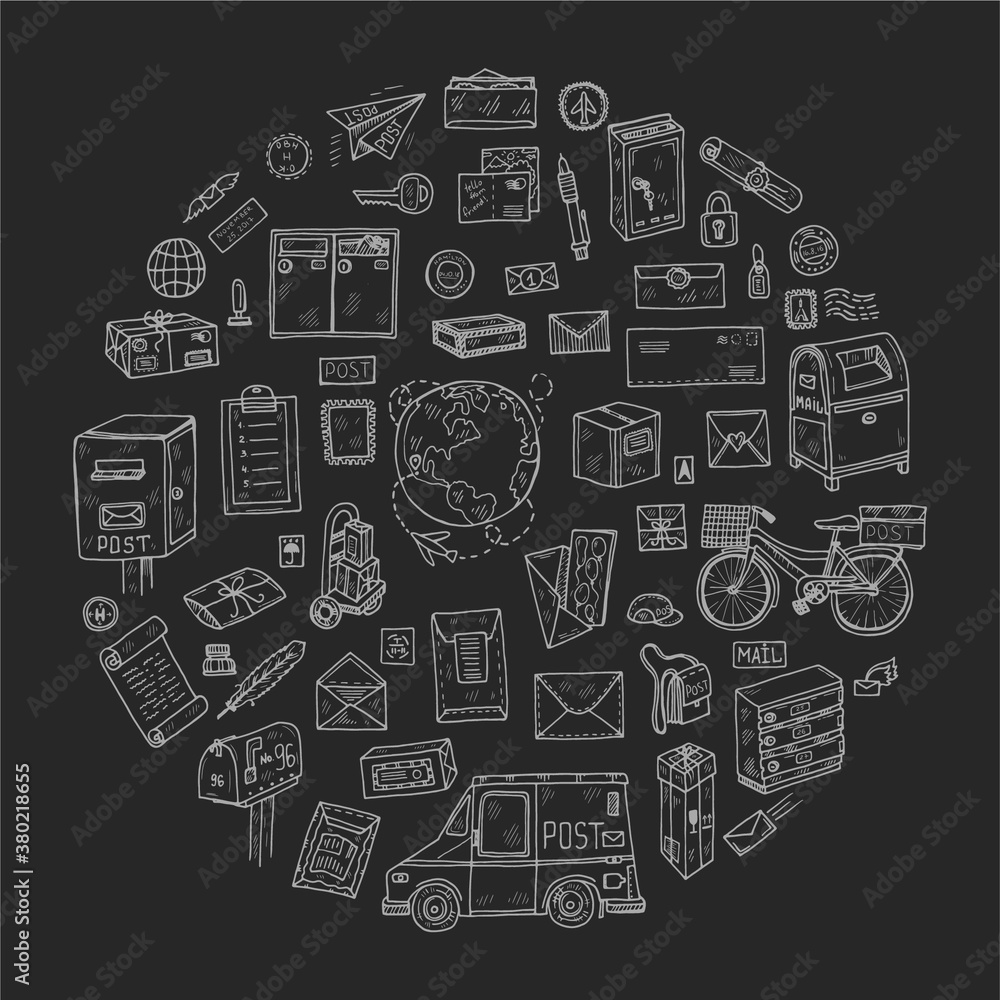  Post office doodle circle composition. Hand drawn vector collection. Post and delivery icons.