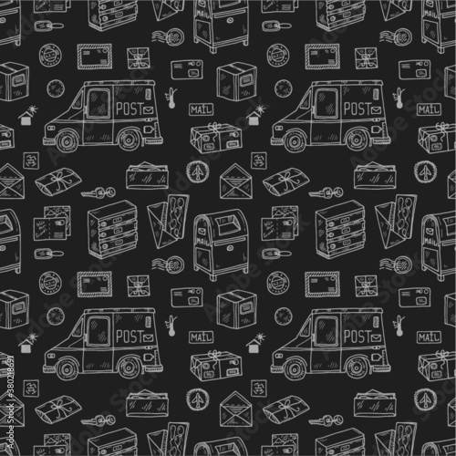  Post office doodle seamless pattern. Hand drawn vector collection. Post and delivery icons.