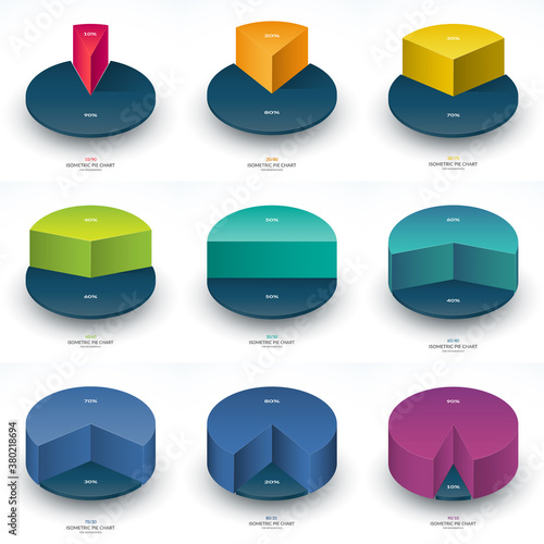 Set of infographic isometric pie chart templates. Share of 10, 20, 30, 40, 50, 60, 70, 80 and 90 percent.