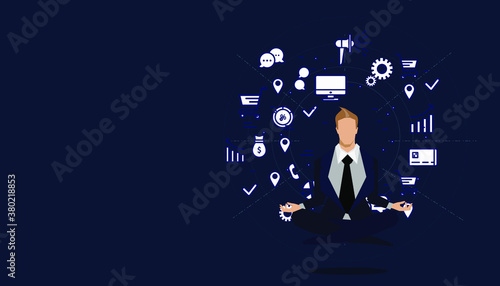 Businessman practicing mindfulness meditation - releasing stressful thoughts and expressing  potential - yoga and self consciousness idea concept with icon Business.