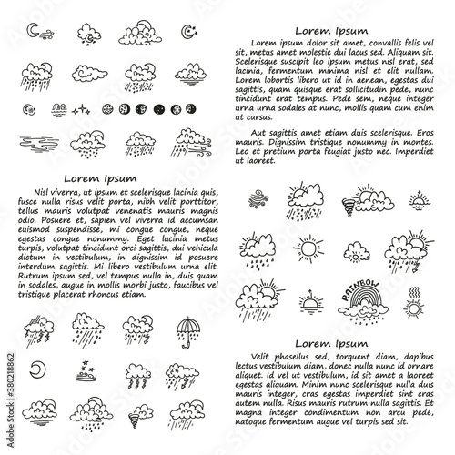 Card template with cute hand drawn weather icons. Doodle vector collection