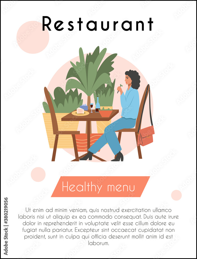 Young woman sitting at the cafe or restaurant and have a dinner vector flat cartoon card design with text.