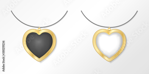 Luxury jewel isolated on white background. Golden pendant template with black and white gem, precious stone. Jewelry mock up. Vector illustration