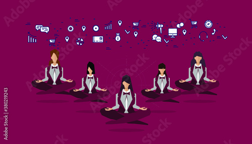 Businesswomen practicing mindfulness meditation - releasing stressful thoughts and expressing  potential - yoga and self consciousness idea concept with icon Business.