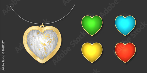 Luxury fantasy jewelry gem on black background. Golden pendant template with color gem, precious stone for game. Jewelry mock up. Vector illustration