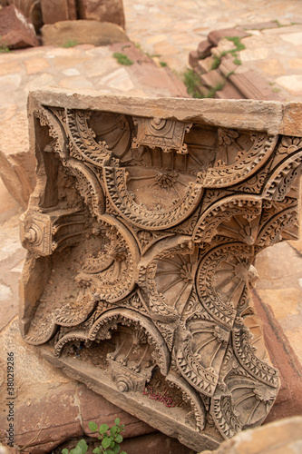 ancient destroyed ruined  statue of indian temple at harsh mountain sikar,rajasthan photo