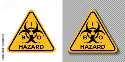 Biohazard road sign, symbol, icon, logo. Triangle yellow sign of Biohazard alert on white and trasparent background. Vector illustration