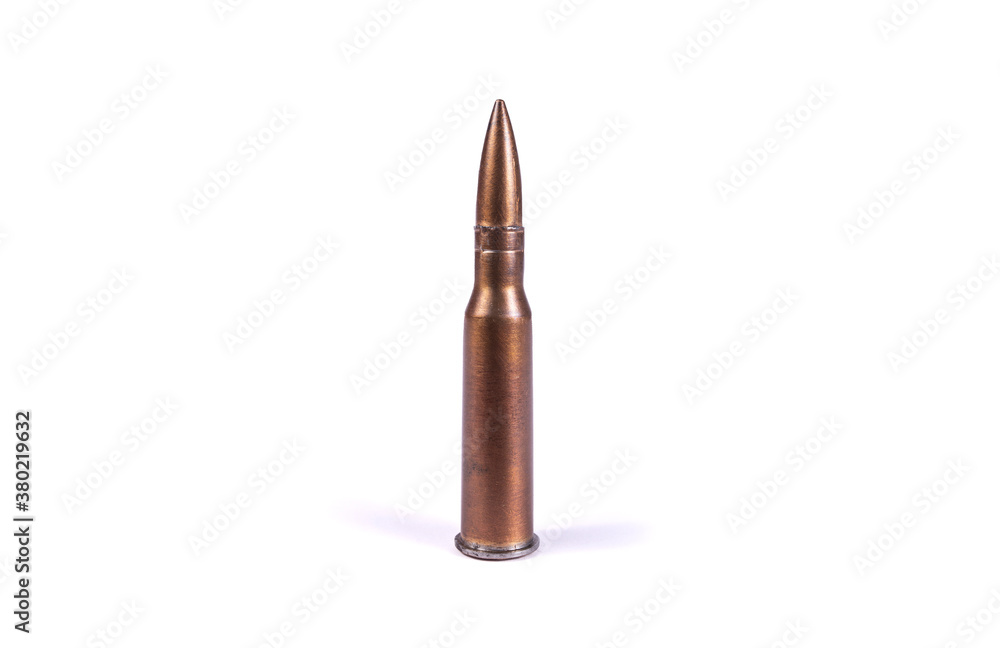 Bullet ammunition for rifle isolated on white background. Military ammo for pistol or rifle. Bullet close up. Bullet ammunition for rifle isolated on white background. Military ammo for pistol or rifle. Bullet close up.