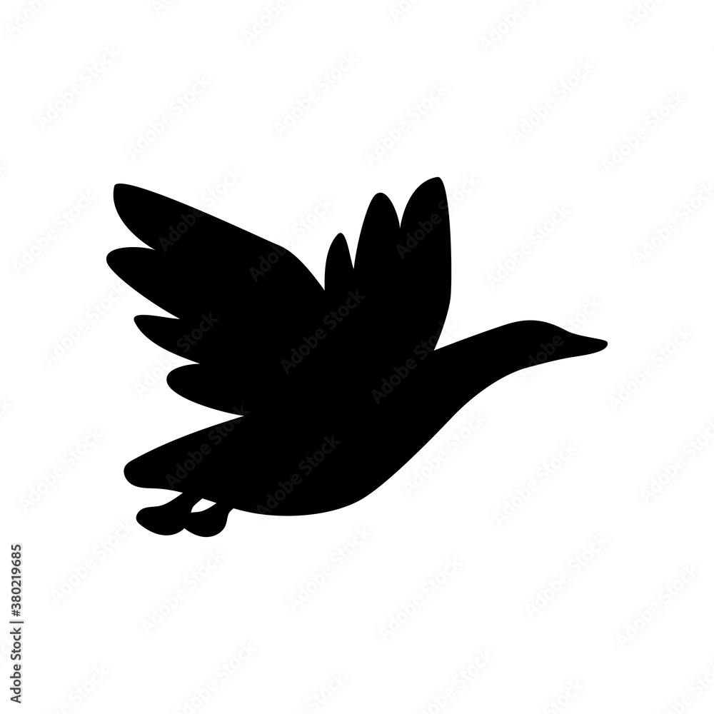 Black silhouette of flying migratory bird on isolated white background. Vector illustration for icon, logo or printing on any surface. Black silhouette of flying migratory bird on isolated white background. Vector illustration for icon, logo or printing on any surface.