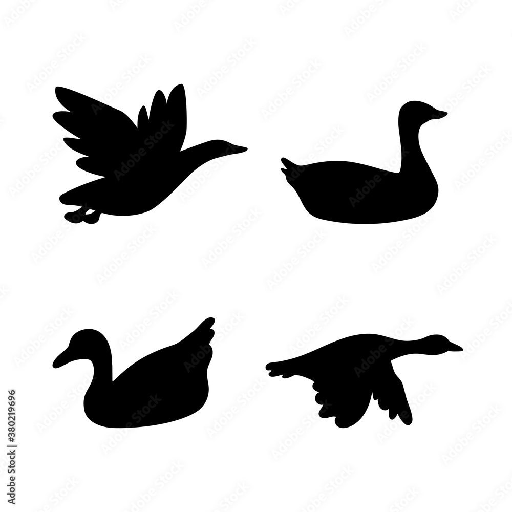 Fototapeta premium Set of isolated on white background waterfowls. Abstract black silhouettes of flying wild migratory birds - duck, geese, dove for icons, logos or printing on any surface.