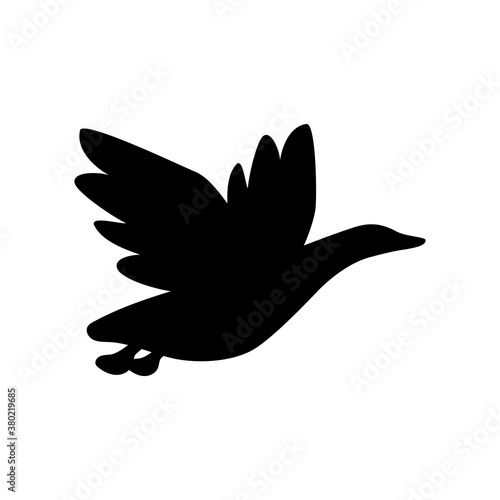 Black silhouette of flying migratory bird on isolated white background. Vector illustration for icon  logo or printing on any surface.