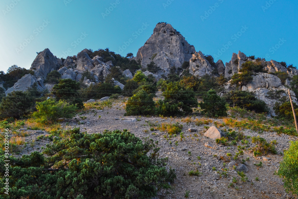 green trees and bushes grow on steep side of mountains with sharp rocks, cliffs, peaks in warm orange sunset light. Crimea. Blue sky