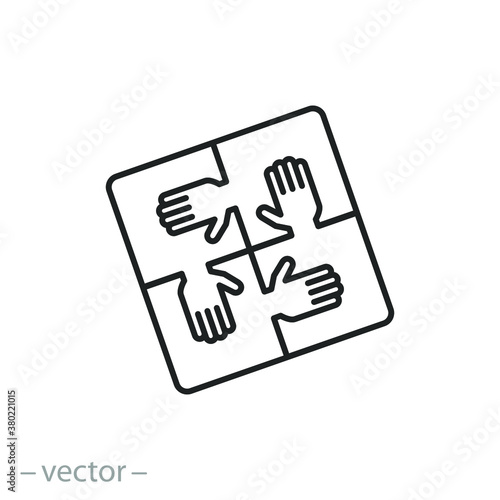 puzzle with hands icon, concept together friendship, alliance teamwork, team success, partnership thin line simple web symbol on white background, editable stroke vector illustration eps10
