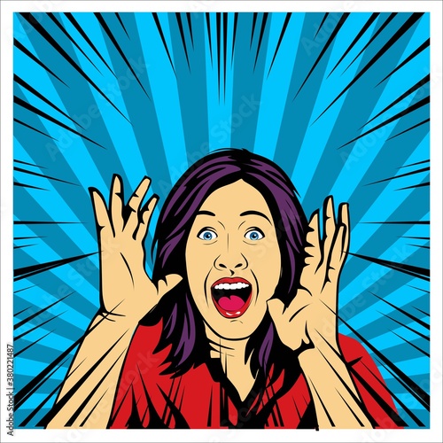 Beautiful girl shock Pop art retro comic style. Cartoon vector illustration
