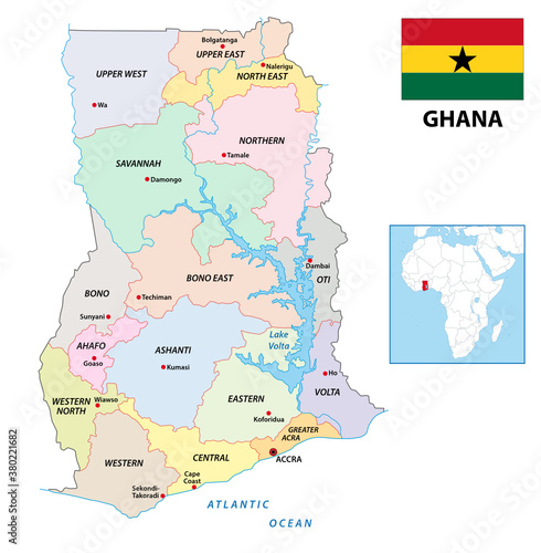 new administrative vector map of Ghana with flag, 2019