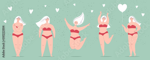 A happy beautiful plump women in a swimsuit holding a heart-shaped balloon,dancing,jumping,hugs herself. Concept of body positivity, self-love, overweight. Flat vector female character
