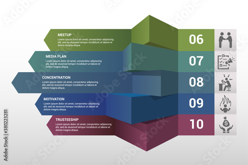 Infographic Business Management template. Icons in different colors. Include Leadership, Personal Development, Positive Psychology, Autonomy and others.