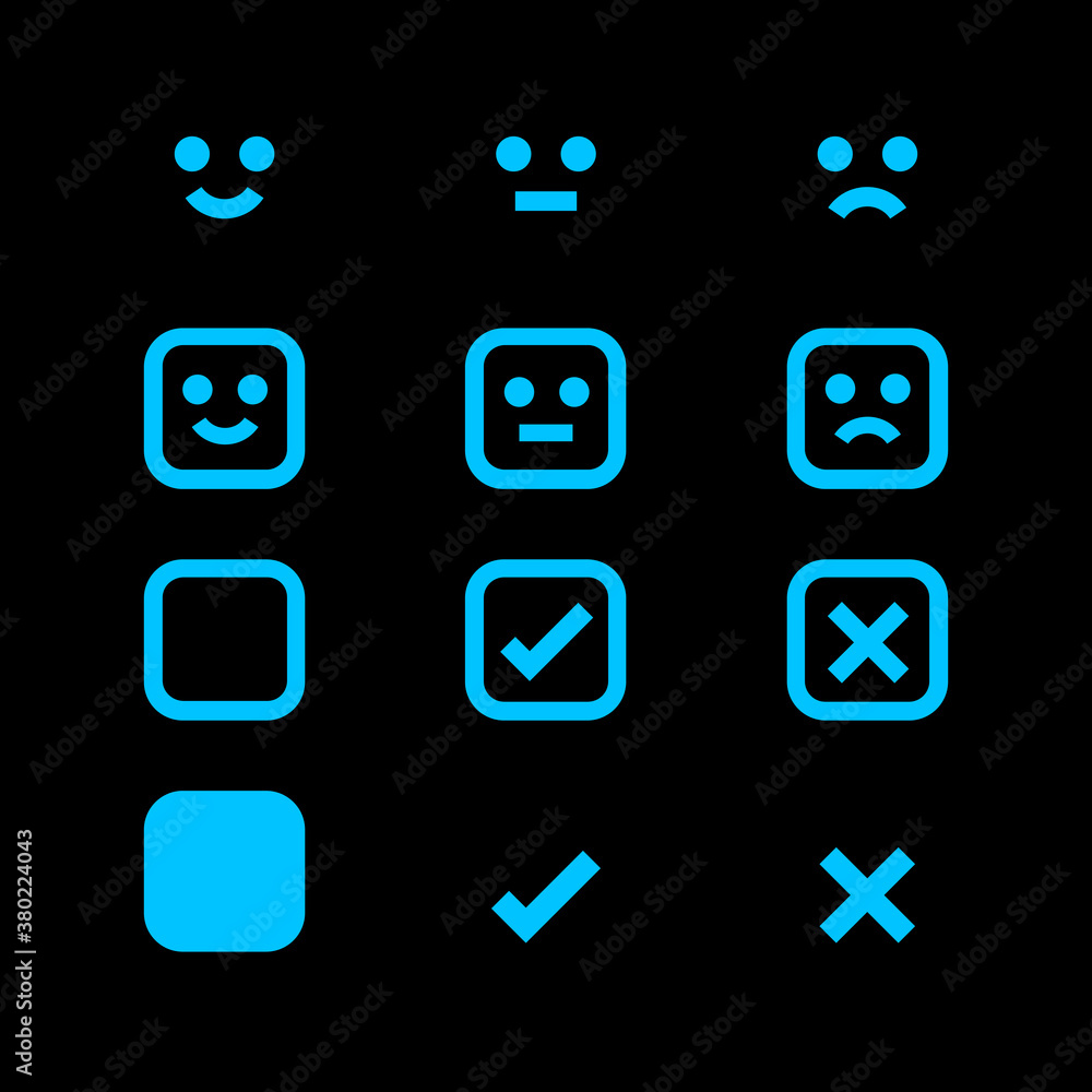 light blue glowing icon and emotions face, emotional symbol and approval check sign, fluorescent emotions faces and checkmark x or confirm and deny, button glowing flat for apps, icons check mark light blue glowing icon and emotions face, emotional symbol and approval check sign, fluorescent emotions faces and checkmark x or confirm and deny, button glowing flat for apps, icons check mark