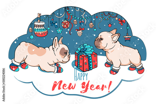 Cute cartoon french bulldog puppies near the new year gift. Happy new year greeting card