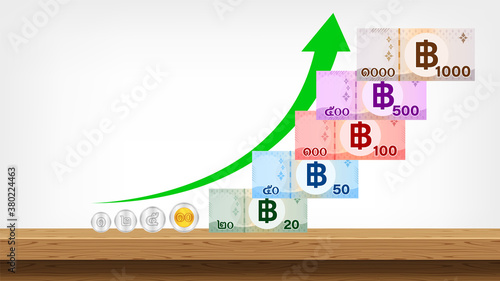 banknote money thai baht, arrow pointing up, savings money and success growth concept, currency 1000, 500, 100, 50, 20 and coin THB, money thailand baht and arrow progress for business finance