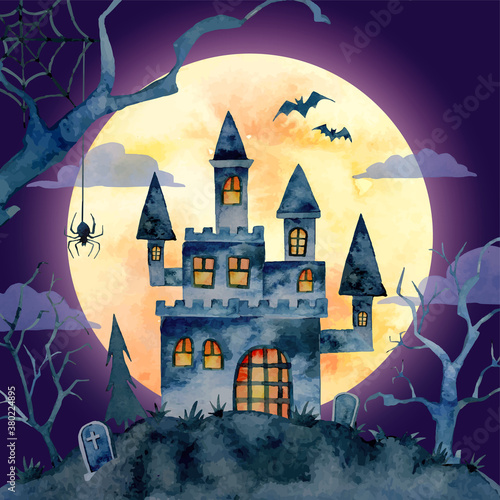 Dracula castle in front of big moon Halloween collection watercolor painting. Around with spider hanging on the tree, bat on the back and grave on the front. 