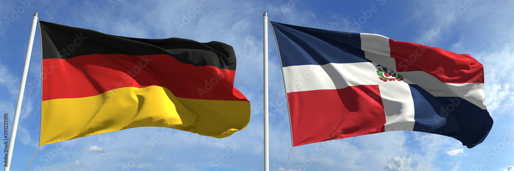 Flags of Germany and the Dominican Republic on flagpoles. 3d rendering Flags of Germany and the Dominican Republic on flagpoles. 3d rendering