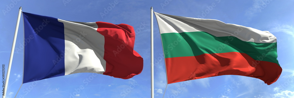 Fototapeta premium Flags of France and Bulgaria on flagpoles. 3d rendering