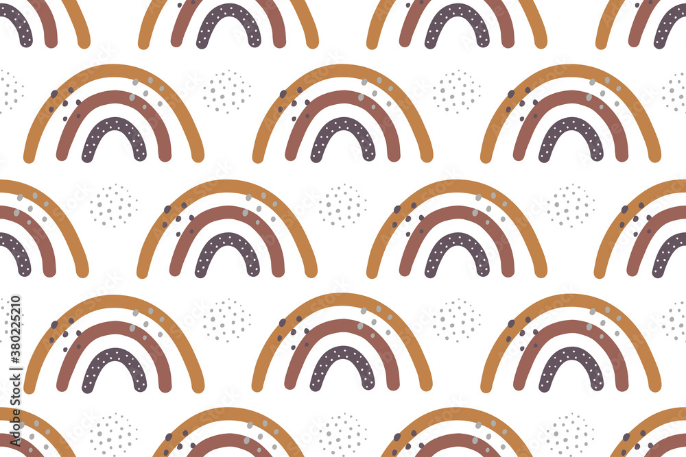 Obraz premium Scandinavian style rainbow seamless pattern with abstract shapes and elements. Cute abstract rainbows in nordic colors on white background.