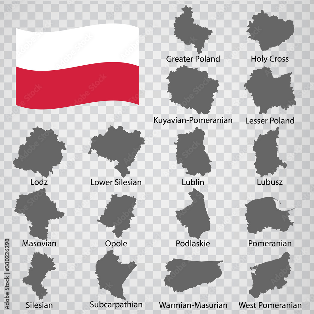 Sixteen Maps Regions of Poland - alphabetical order with name. Every single map of Province are listed and isolated with wordings and titles. Republic of Poland. EPS 10.