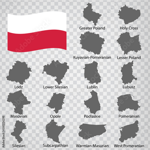 Sixteen Maps Regions of Poland - alphabetical order with name. Every single map of Province are listed and isolated with wordings and titles. Republic of Poland. EPS 10.