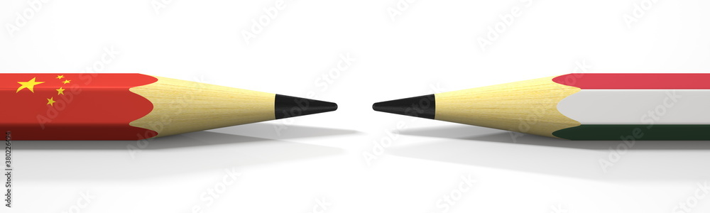 Flags of China and Hungary on the pencils, 3d rendering