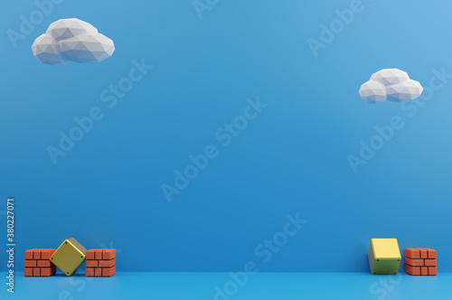 Minimal scene brick block and yellow steel block with white cloud on blue background. Geometric shape.3D rendering.Use For Product Showcase.