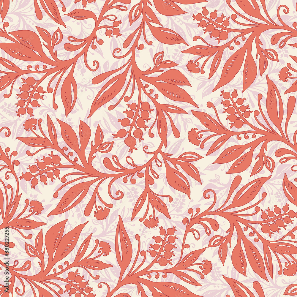 Fototapeta premium Floral seamless pattern with leaves and berries in coral, red, pink, cream colors, hand-drawn and digitized. Design for wallpaper, textile, fabric, wrapping, background.
