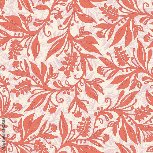 Floral seamless pattern with leaves and berries in coral  red  pink  cream colors  hand-drawn and digitized. Design for wallpaper  textile  fabric  wrapping  background.