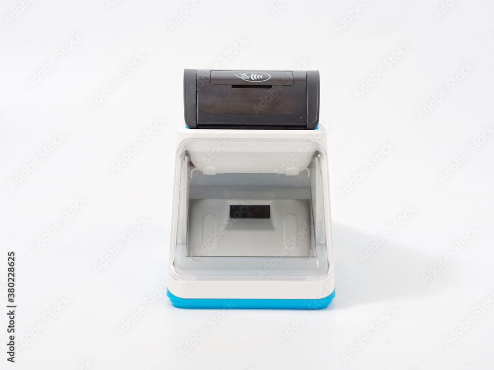 stylish portable cash register with stand GR code scanner on white background stylish portable cash register with stand GR code scanner on white background