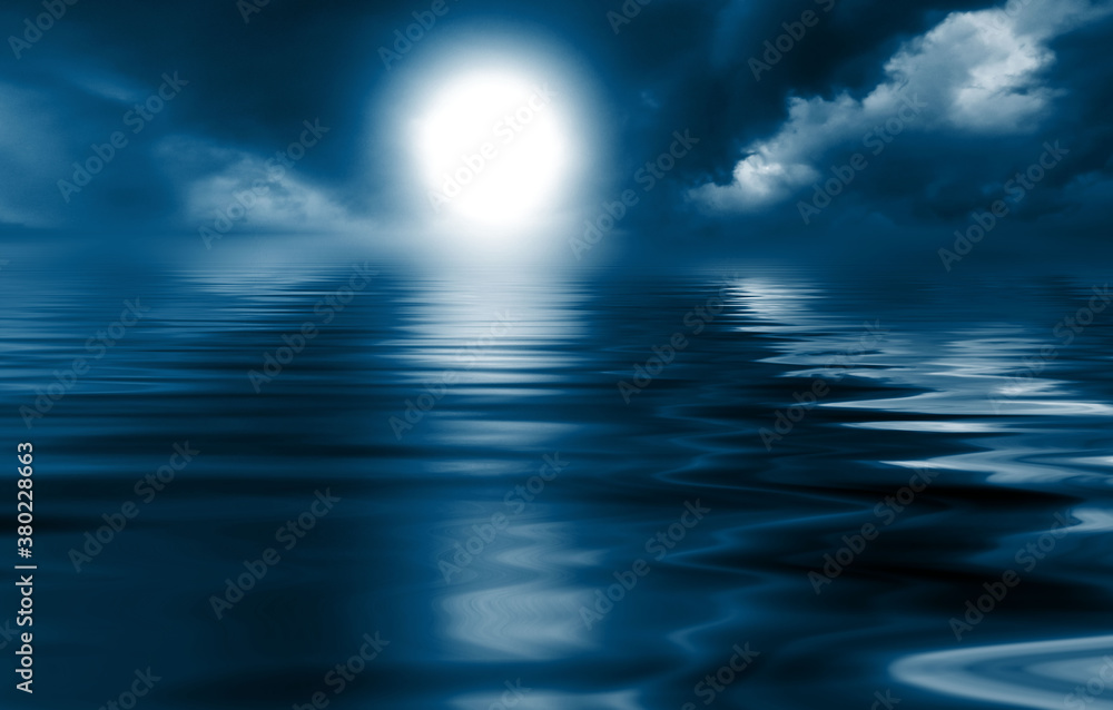 Dark sea background at night. Reflection of the night sky on the water. 3d illustration