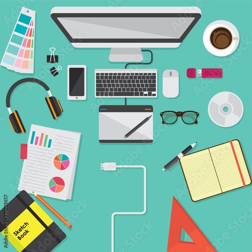 Workspace design flatlay vector illustration
