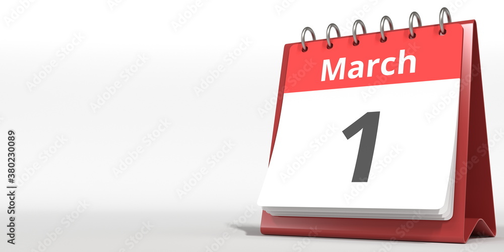 March 1 date on the flip calendar page, 3d rendering March 1 date on the flip calendar page, 3d rendering