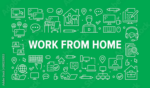 Work from home concept with line icons. Vector green horizontal illustration included icon - freelance worker with laptop, workplace pc monitor, business man outline pictogram for remote job brochure