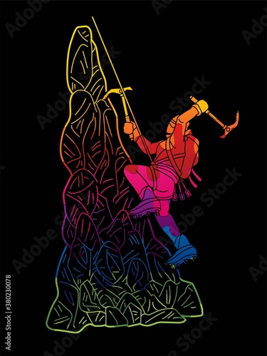 Hiker climbing mountain hiking cartoon graphic vector